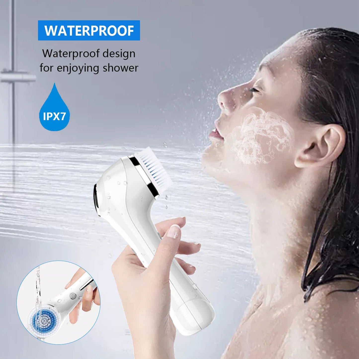 IPX7 Waterproof 3-in-1 Rechargeable Facial Cleansing Brush with 4 Heads