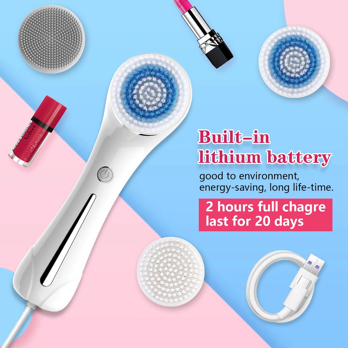 IPX7 Waterproof 3-in-1 Rechargeable Facial Cleansing Brush with 4 Heads