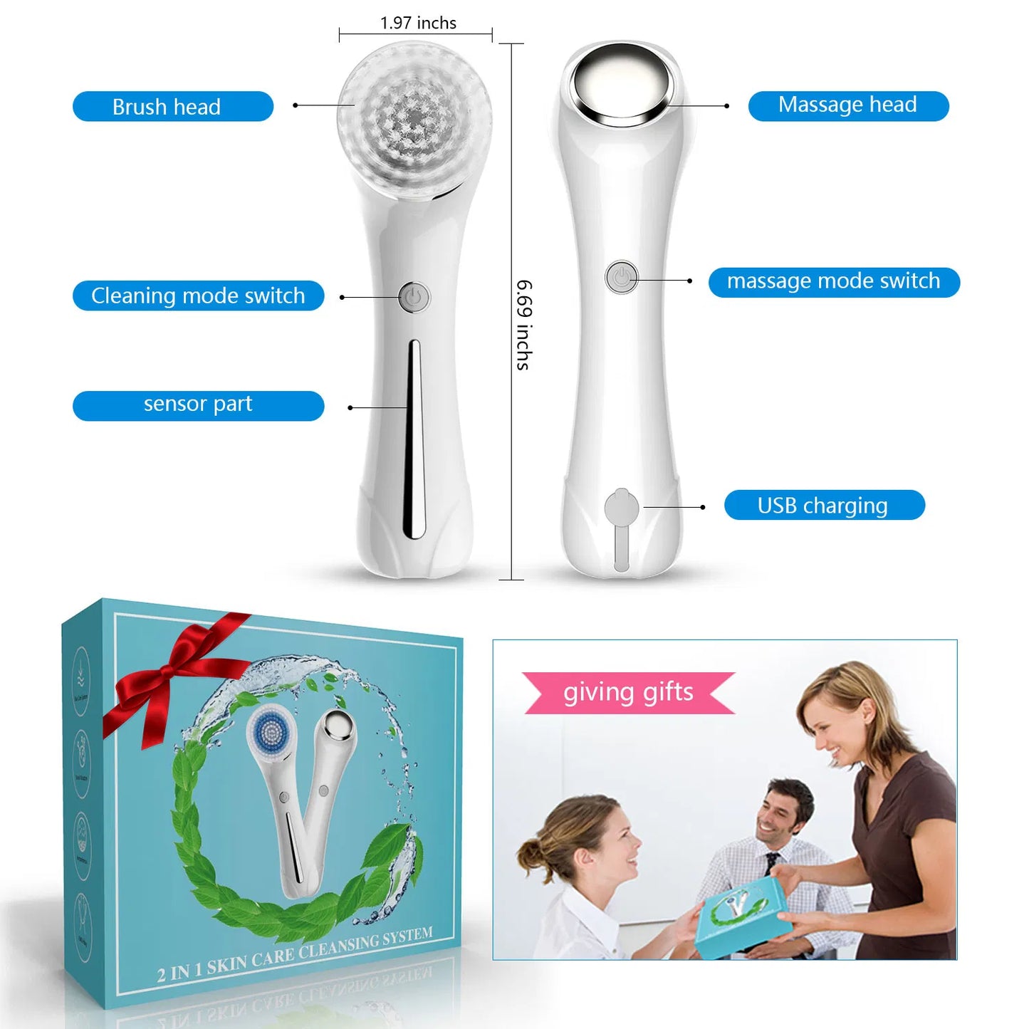 IPX7 Waterproof 3-in-1 Rechargeable Facial Cleansing Brush with 4 Heads
