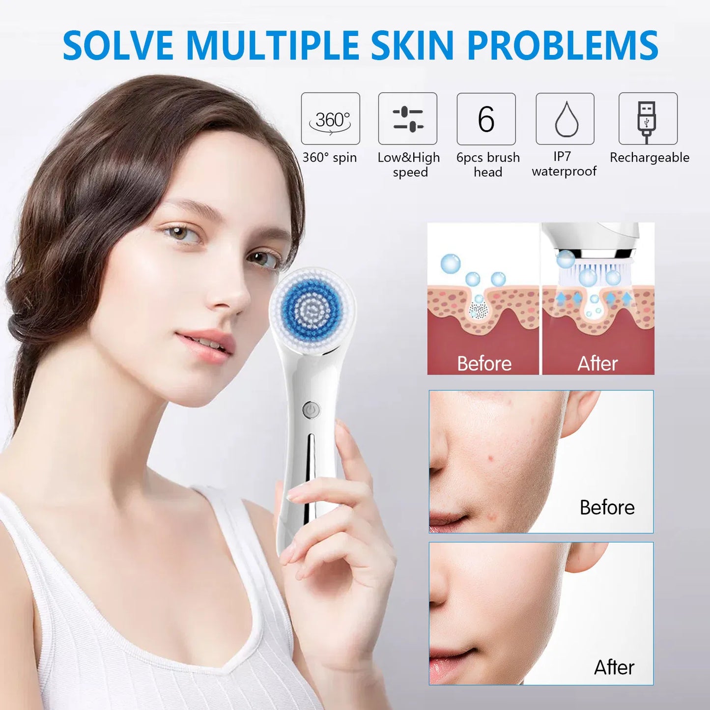 IPX7 Waterproof 3-in-1 Rechargeable Facial Cleansing Brush with 4 Heads